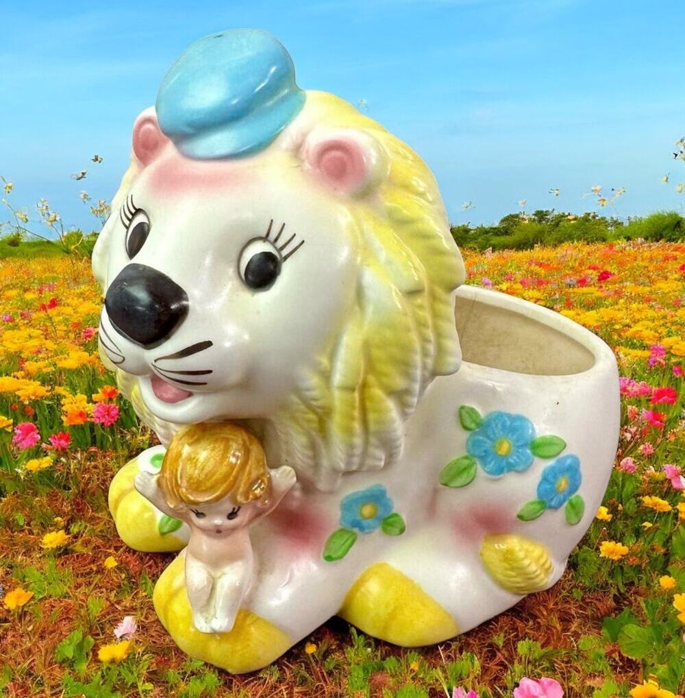 Napco VTG Napcoware Japan Lion & Baby Ceramic Antique Planter Anthropomorphic